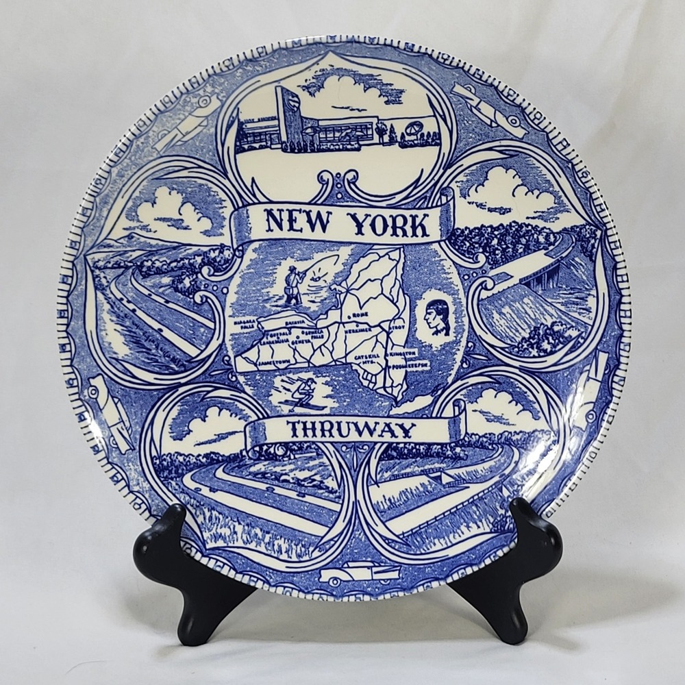 Vintage New York Thruway Souvenir Plate Blue White Transferware Map 9.25 Inch